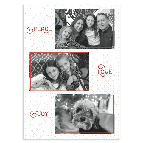 Peace-love-joy holiday photo card; 7" x 5" vertical orientation; 3 photos on front; fully customizable back; curly red font on gray polka dot background
