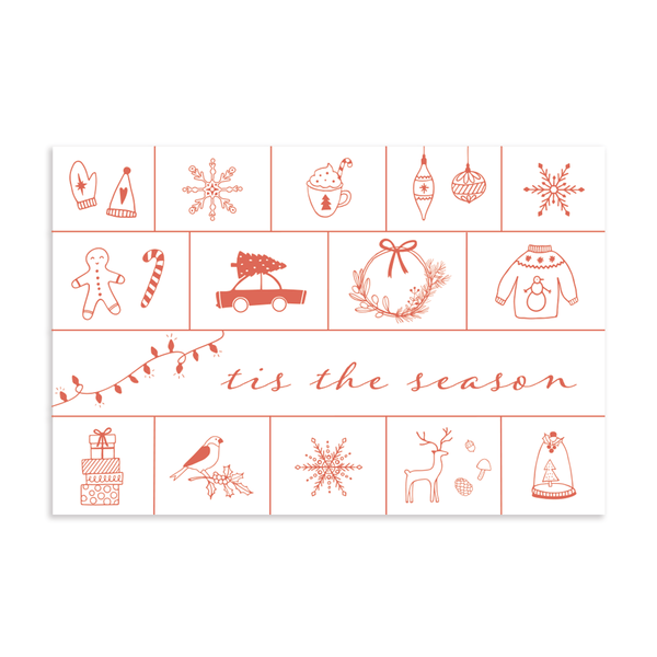 Iconic 'tis the season holiday postcard; 6" x 4" horizontal orientation; hand illustrated holiday icons in coral color: snowflakes, wreath, ornaments, tree on car, hot chocolate, twinkle lights, candy cane, holly