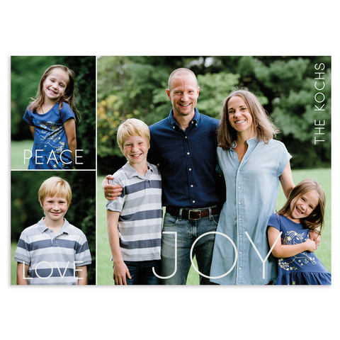 Peace love joy holiday photo card; 5" x 7" horizontal orientation; 3 photos on front with modern white font; fully customizable back
