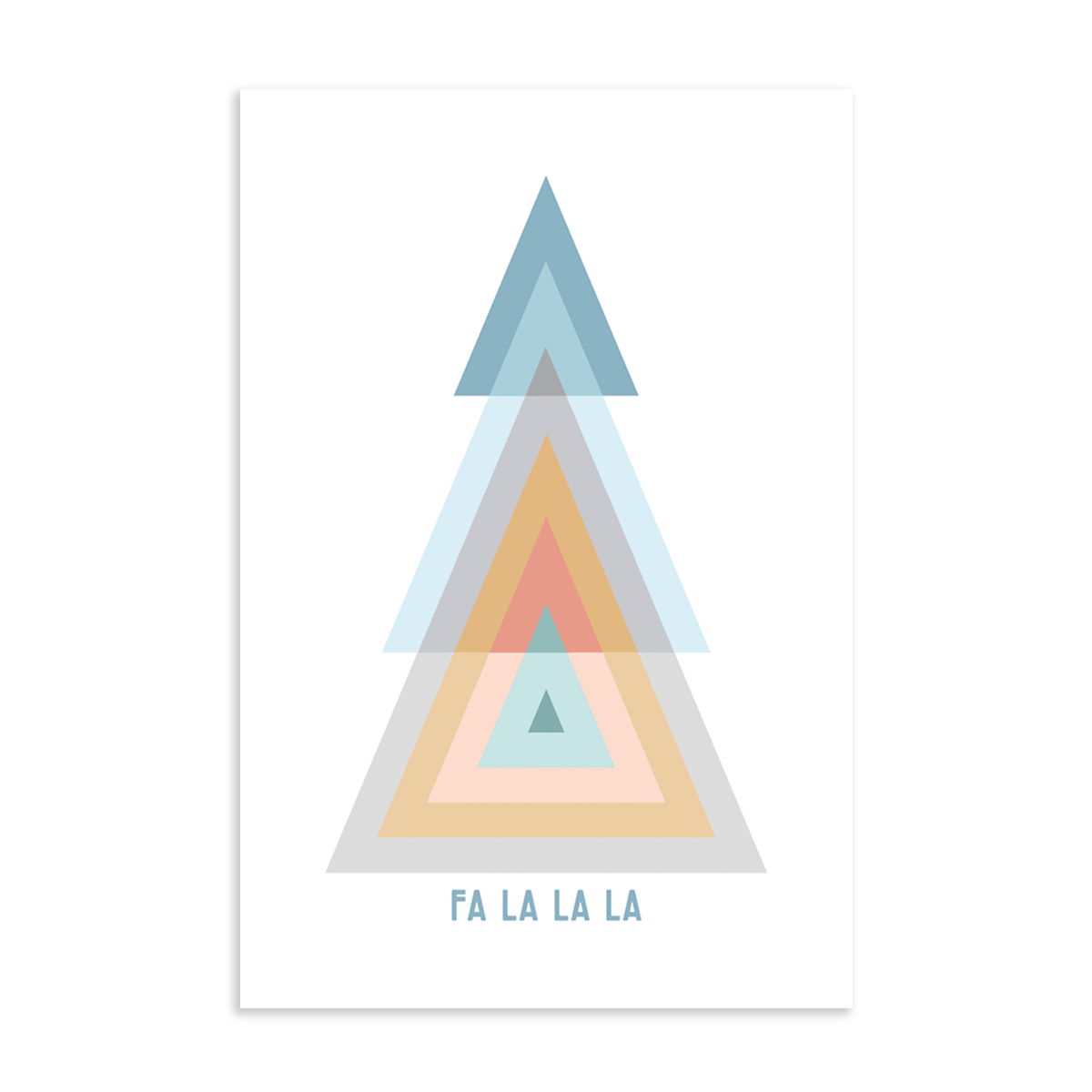 Fa la la la holiday postcard; modern color-blocked tree; 6" x 4" vertical orientation; pastel colors with blue font