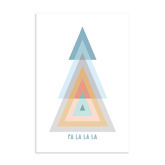 Fa la la la holiday postcard; modern color-blocked tree; 6" x 4" vertical orientation; pastel colors with blue font