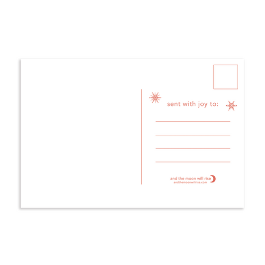 Back of iconic 'tis the season holiday postcard; blank left side for handwritten message; space for address and stamp on right; coral color