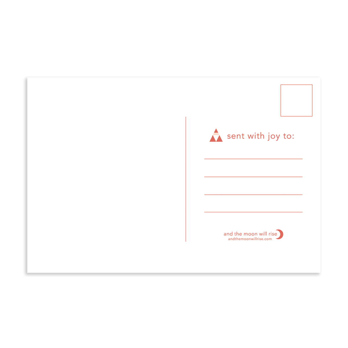 Back of Classic Christmas triangles holiday postcard; blank left side for handwritten message; space for address and stamp on right; coral color