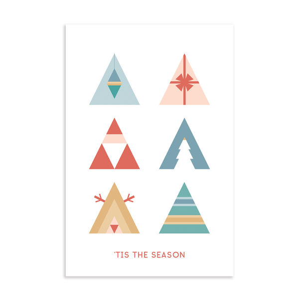 Classic Christmas triangles holiday postcard; 6" x 4" vertical orientation; 'Tis the season font in coral; 6 triangles of classic Christmas icons: Santa Claus, ornament, gift, Rudolph, trees