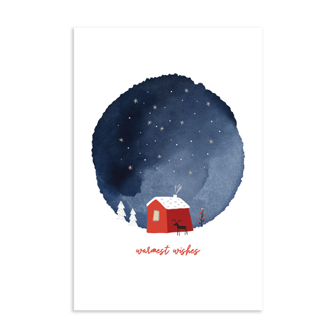 Warmest wishes cozy watercolor holiday postcard; 6" x 4" vertical orientation; watercolor scene of red cottage, reindeer, bird, and snow-covered trees under a night sky of stars