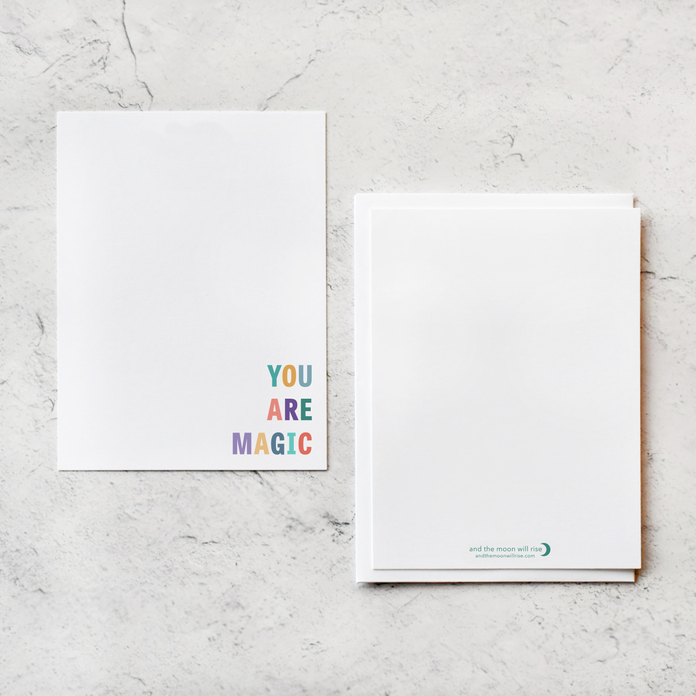 YOU ARE MAGIC flat notecard set of 10 cards; colorful, block font on white background with white envelopes