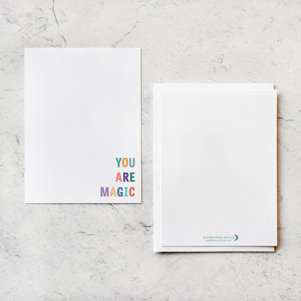 YOU ARE MAGIC flat notecard set of 10 cards; colorful, block font on white background with white envelopes