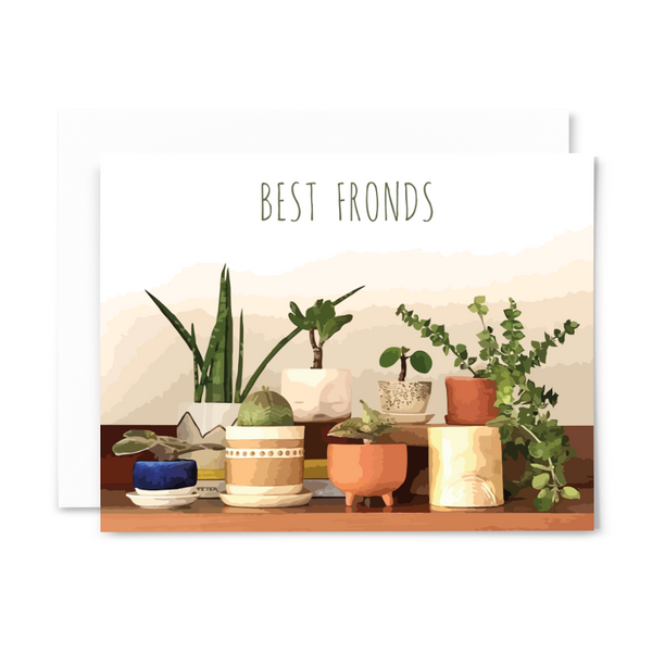 "Best fronds" blank greeting card from "Planty Puns" collection, featuring assorted plants and pots
