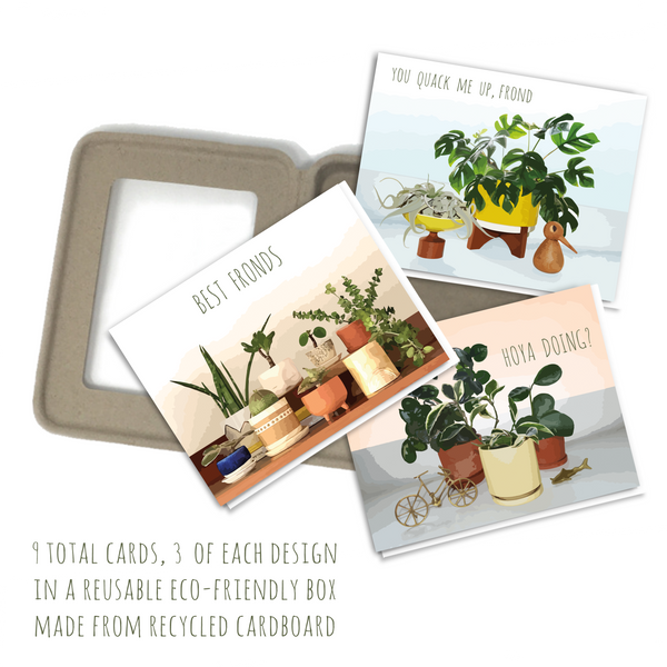 "Planty Puns" blank greeting card set 9 cards, 3 each design "Best fronds", "You quack me up, frond" and "Hoya doing?" featuring decorative plants and pots