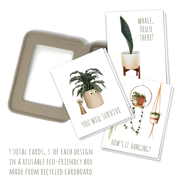 "Planty Puns" blank greeting card set 9 cards, 3 each design "You will survive", "How's it hanging?" and "Whale, hello there!" featuring decorative plants and pots
