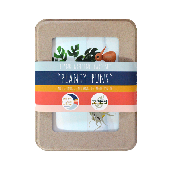 "Planty Puns" blank greeting card set 9 cards, 3 each design "Best fronds", "You quack me up, frond" and "Hoya doing?" featuring decorative plants and pots