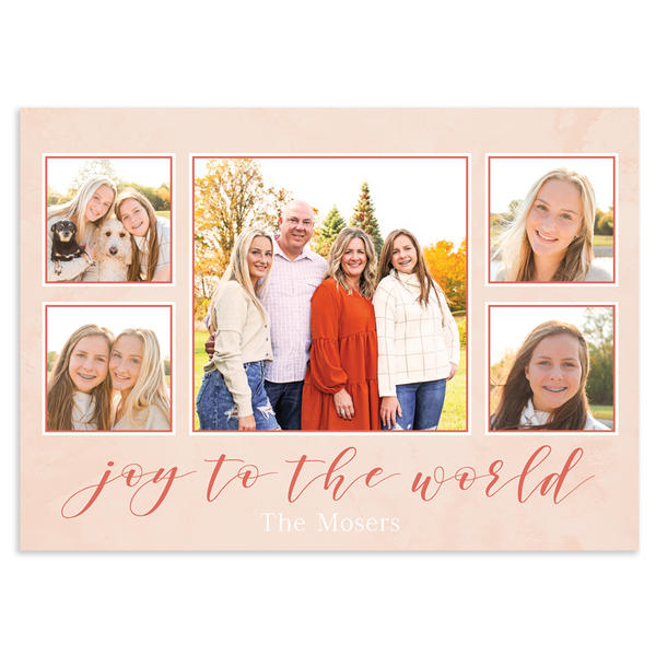 Joy to the world holiday photo card; 5" x 7" horizontal orientation; 5 photos on front with script font; fully customizable back