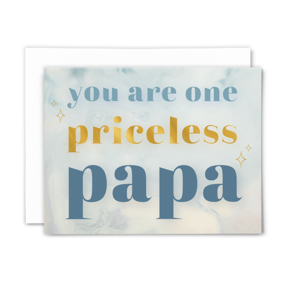 Blank greeting card "you are one priceless papa"; blue and gold font on light blue background with gold stars; with white envelope