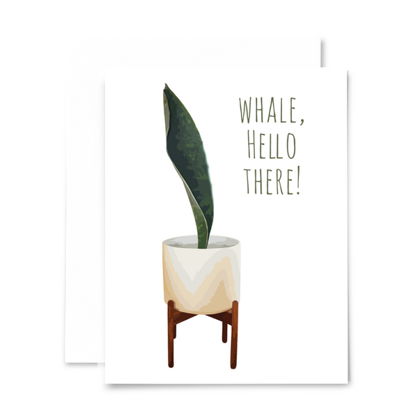 "Whale, hello there" blank greeting card from "Planty Puns" collection, featuring whale fin sansevieria