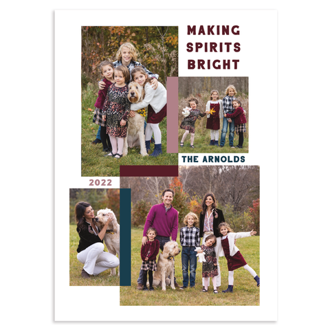 Custom holiday photo card; text reads making spirits brights with family name and year; four photos with color block dividers on white background