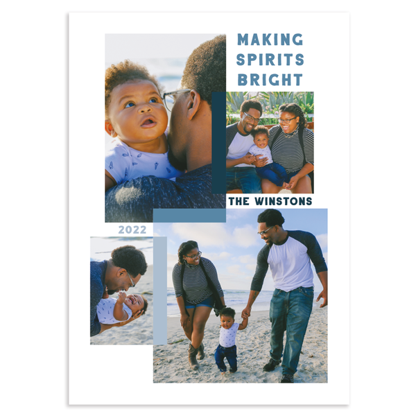 Custom holiday photo card; text reads making spirits brights with family name and year; four photos with color block dividers on white background