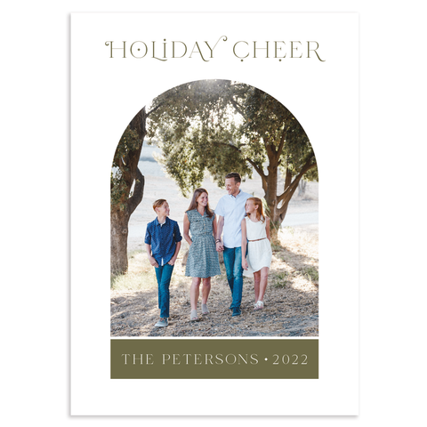 Holiday cheer custom photo card; single vertical arch with olive text band on front; 7" x 5" vertical orientation; fully customizable back