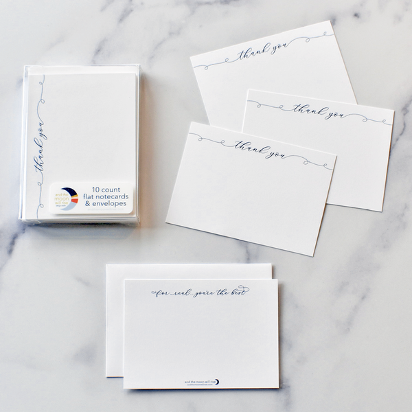 Thank you, for real...you're the best; 10 flat notecard set with envelopes; navy script font on white