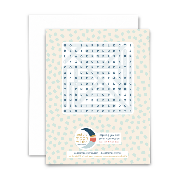 Back of gradation word search greeting card with answers for 25-word word search; with white envelope