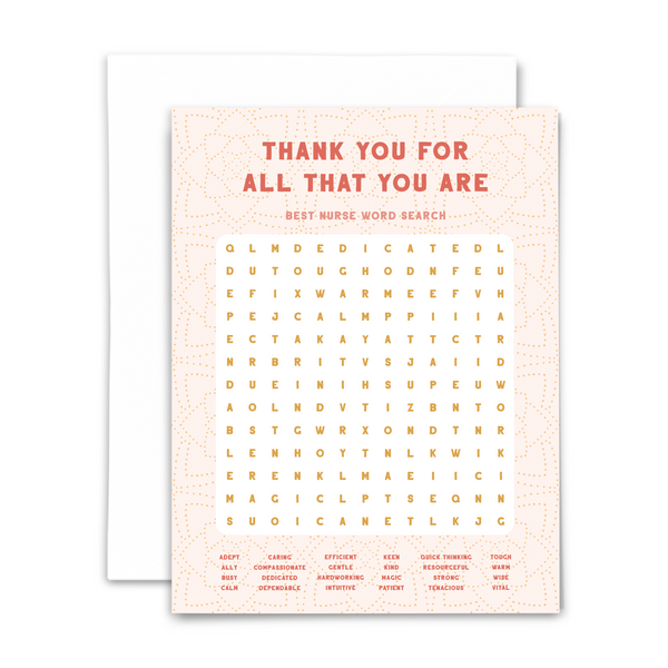 Best nurse word search greeting card "thank you for all that you are" in coral font on blush background with small gold dots in floral pattern; 24-word word search with answers on back and blank interior; with white envelope