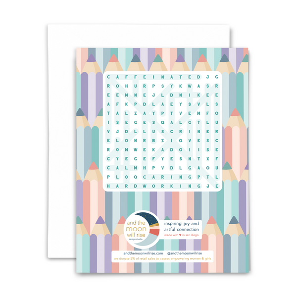 Back of best teacher word search greeting card with answers for 24-word word search; with white envelope