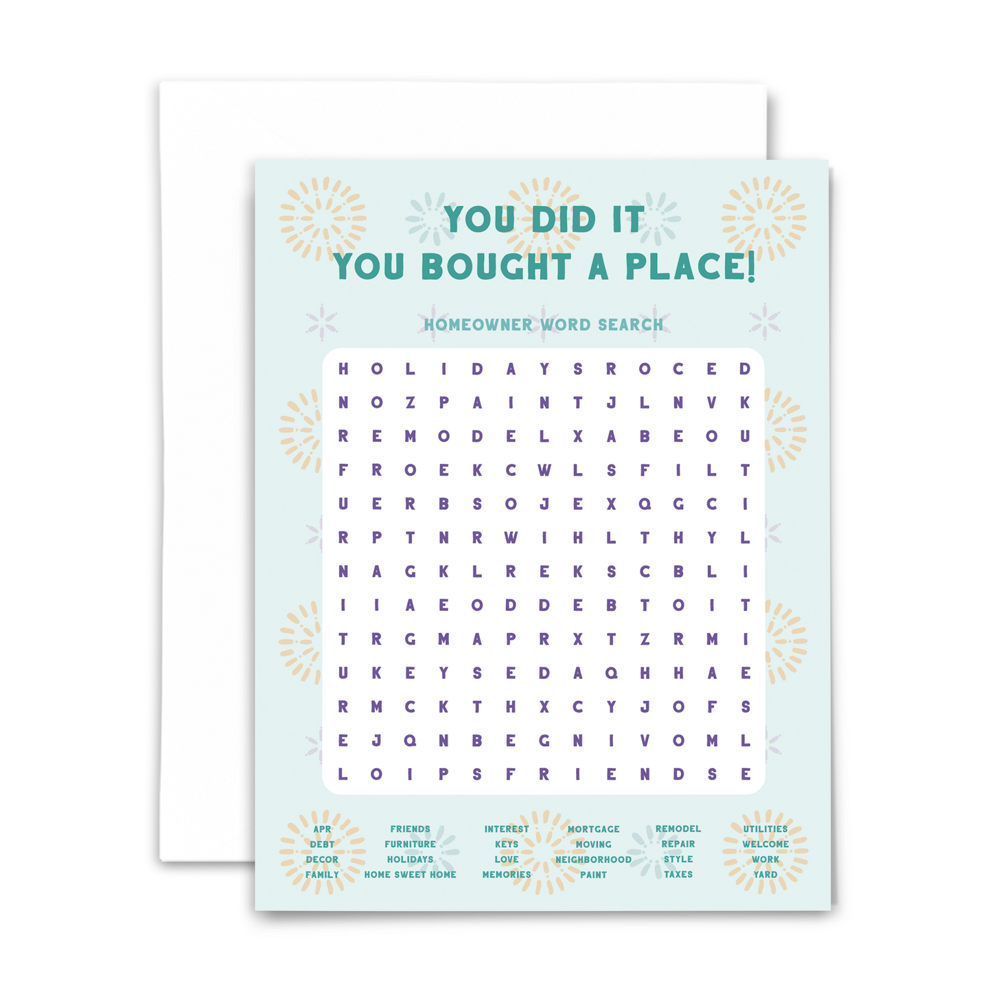 Homeowner word search greeting card "you did it you bought a place!" in green font on mint green background with gold, blue and purple confettii; 24-word word search with answers on back and blank interior; with white envelope