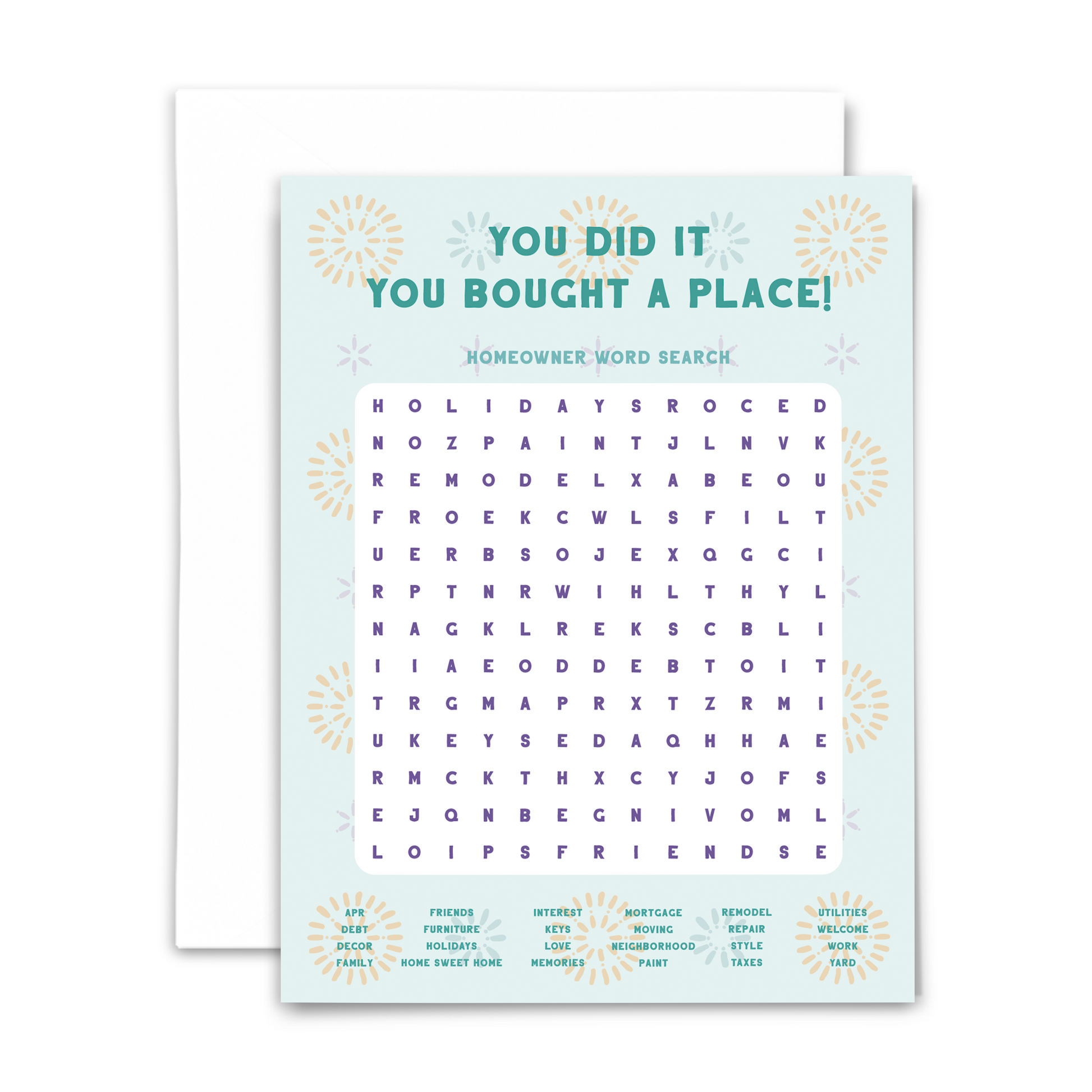 Homeowner word search greeting card "you did it you bought a place!" in green font on mint green background with gold, blue and purple confettii; 24-word word search with answers on back and blank interior; with white envelope