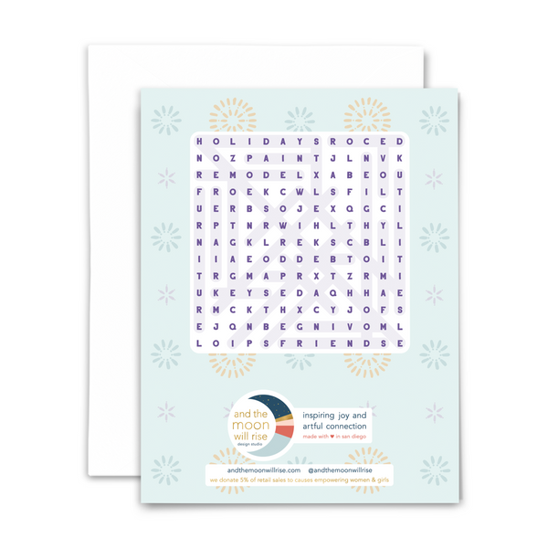 Back of homeowner word search greeting card with answers for 24-word word search; with white envelope