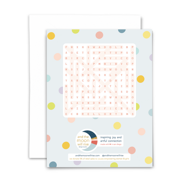 Back of new parent word search greeting card with answers for 28-word word search; with white envelope