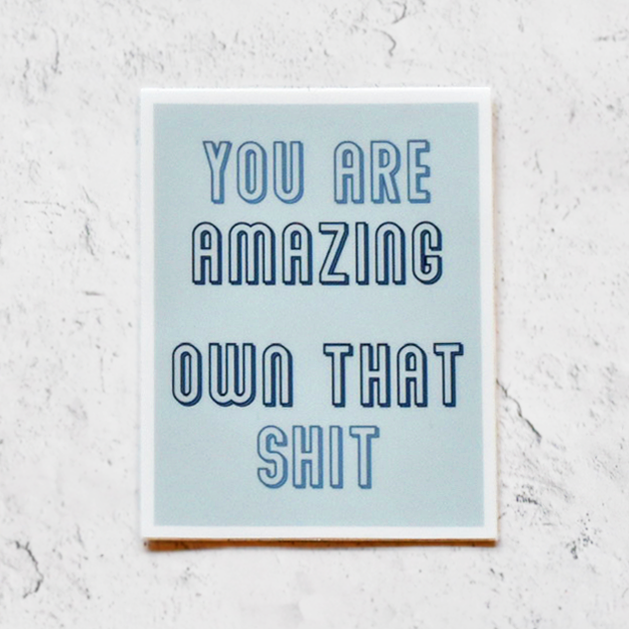 You are amazing; own that sh!t vinyl sticker; blue lettering on light blue background