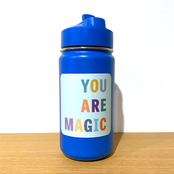 Colorful You Are Magic square sticker on blue metal water bottle